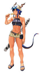 Rule 34 | 1girl, abs, arknights, baseball cap, belt, belt pouch, bikini, black bikini, blue hair, breasts, cessa, ch&#039;en (arknights), ch'en (arknights), commentary, dragon horns, dragon tail, english commentary, eyewear on head, female tourist c (arknights), food, food in mouth, full body, hat, highleg, highleg bikini, highleg bikini bottom, highres, horns, looking at viewer, muscular, muscular female, navel, official alternate costume, popsicle, pouch, red eyes, sandals, short shorts, shorts, small breasts, solo, standing, sunglasses, sunglasses on head, swimsuit, tail, tan, tankini, toes, weapon, weapon on back