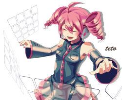 Rule 34 | 1girl, ahoge, ajiko ajio, bad id, bad pixiv id, character name, detached sleeves, drill hair, closed eyes, headphones, headset, holographic interface, kasane teto, laughing, long hair, nail polish, open mouth, pink hair, skirt, skirt set, solo, twin drills, twintails, utau, vocaloid