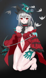 Rule 34 | 1girl, absurdres, aqua gloves, arknights, bare legs, bare shoulders, barefoot, cape, closed mouth, clothing cutout, collarbone, feet, female focus, full body, gloves, hat, highres, kneeling, leotard, long sleeves, looking at viewer, medium bangs, navel, navel cutout, red cape, red eyes, red leotard, red lips, skadi (arknights), skadi the corrupting heart (arknights), solo, thighs, toes, witch hat, ylcken
