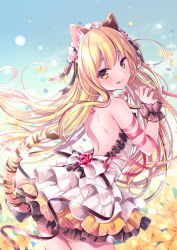 Rule 34 | 1girl, animal ear fluff, animal ears, arm ribbon, backless dress, backless outfit, bare shoulders, blonde hair, bow, claw pose, commentary request, dress, flower, hands up, layered dress, long hair, nemuri nemu, original, pleated dress, red flower, red ribbon, red rose, ribbon, rose, sleeveless, sleeveless dress, standing, striped tail, tail, tail raised, tiger ears, tiger girl, tiger tail, very long hair, white bow, white dress, wrist cuffs, yellow flower