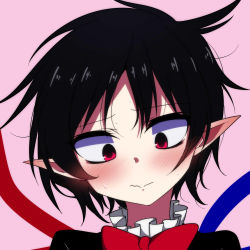 Rule 34 | 1girl, absurdres, alternate hair length, alternate hairstyle, asymmetrical wings, bad id, bad pixiv id, black hair, blush, embarrassed, highres, houjuu nue, kobashino, pink background, pointy ears, red eyes, short hair, solo, sweat, touhou, very short hair, wavy mouth, wings
