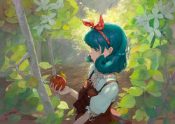 Rule 34 | 1girl, apple, aqua hair, bow, brown bow, brown eyes, brown ribbon, commentary, curly hair, dappled sunlight, day, derivative work, dress, dress bow, english commentary, fingernails, flower, food, forest, frilled shirt collar, frills, from side, fruit, hair bow, hairband, hand up, highres, holding, holding food, holding fruit, idolmaster, idolmaster million live!, looking at object, medium hair, nature, neck ribbon, outdoors, parted lips, polka dot, polka dot bow, polka dot hairband, profile, puffy short sleeves, puffy sleeves, rawtuna, red bow, red dress, red hairband, ribbon, shade, shirt, short sleeves, sleeveless, sleeveless dress, solo, standing, sunlight, tokugawa matsuri, tree, upper body, white flower, white shirt