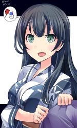 Rule 34 | 10s, 1girl, agano (kancolle), black hair, blunt bangs, blush, breasts, clothes grab, dated, floral print, green eyes, hebitsukai-san, highres, japanese clothes, kantai collection, kimono, large breasts, long hair, looking at viewer, obi, open mouth, sash, sleeve grab, speech bubble, tongue, twitter username, upper body, white background, yukata