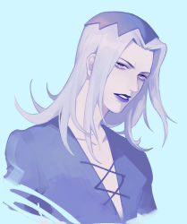 Rule 34 | 1boy, absurdres, blue background, collarbone, cross-laced clothes, flipped hair, highres, jojo no kimyou na bouken, keke ex, leone abbacchio, long hair, looking at viewer, male focus, multicolored hair, parted lips, plunging neckline, purple hair, purple lips, solo, two-tone hair, upper body, vento aureo, white hair, yellow eyes