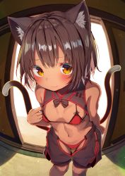Rule 34 | 1girl, :3, absurdres, alternate costume, animal ear fluff, animal ears, bare arms, bare shoulders, bikini, blush, breasts, brown eyes, brown hair, cat ears, cat tail, chen, chinese clothes, closed mouth, fang, fang out, fisheye, highres, indoors, leaning forward, light smile, looking at viewer, mamemochi, multiple tails, navel, red bikini, short hair, small breasts, solo, standing, stomach, string bikini, swimsuit, tail, tan, tatami, thigh gap, touhou, two tails