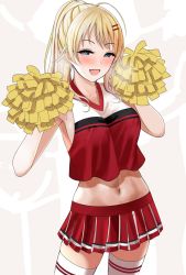 Rule 34 | 1girl, :d, ahoge, blonde hair, blue eyes, blush, breasts, cheering, cheerleader, commentary request, covered erect nipples, crop top, hachimiya meguru, hair ornament, hairclip, highres, holding, holding pom poms, idolmaster, idolmaster shiny colors, looking at viewer, medium breasts, midriff, open mouth, pleated skirt, pom pom (cheerleading), pom poms, ponytail, red skirt, shirt, skirt, sleeveless, sleeveless shirt, smile, solo, storefront, sweat, thighhighs, turisasu, white thighhighs, zettai ryouiki