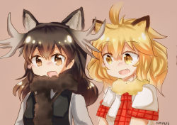 Rule 34 | 10s, 2girls, animal ears, antlers, bad id, bad pixiv id, blush, fang, fur collar, horns, kemono friends, lion (kemono friends), lion ears, midoneko-222, moose (kemono friends), moose ears, multiple girls, necktie, open mouth, scarf, sweater