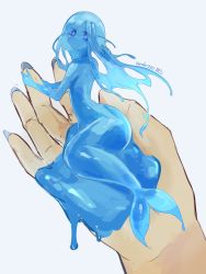 Rule 34 | 1girl, 1other, blue eyes, blue hair, blue sclera, blue skin, closed mouth, colored sclera, colored skin, completely nude, highres, in palm, looking at viewer, mermaid, mini person, minigirl, monster girl, nude, ruteko (ruko220), simple background, slime girl, solo focus, twitter username, white background