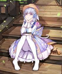 Rule 34 | 1girl, absurdres, ayaka (genshin impact), blue dress, blue eyes, book, brown headwear, commentary request, dress, genshin impact, grey hair, highres, knees up, long sleeves, no shoes, nui gurumi, official alternate costume, pantyhose, short hair, sitting, solo, white pantyhose