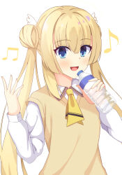 Rule 34 | 1girl, :d, absurdres, blonde hair, blue eyes, blunt ends, blush, bottle, collared shirt, colored eyelashes, commentary request, crossed bangs, double bun, eyelashes, eyes visible through hair, hair between eyes, hair bun, hand up, happy, highres, holding, holding bottle, long hair, long sleeves, looking at viewer, music, musical note, neckerchief, niki 7801700, open mouth, photoshop (medium), school uniform, shirayuki noa, shirt, sidelocks, simple background, singing, smile, solo, straight hair, sweater vest, tenshi souzou re-boot!, twintails, upper body, very long hair, white background, white shirt, wing hair ornament, yellow neckerchief, yellow sweater vest
