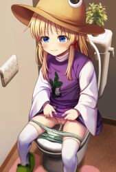 Rule 34 | 1girl, animal print, blonde hair, blue eyes, blush, bow, bow panties, brown headwear, censored, closed mouth, commentary request, commission, flat chest, frog print, green footwear, green panties, hair ribbon, highres, long hair, long sleeves, moriya suwako, mosaic censoring, nora wanko, panties, pee, peeing, purple skirt, purple vest, pussy, pyonta, red ribbon, ribbon, shirt, sitting, skeb commission, skirt, skirt set, solo, striped clothes, striped panties, thighhighs, toilet, toilet use, touhou, turtleneck, underwear, vest, white shirt, white thighhighs, wide sleeves