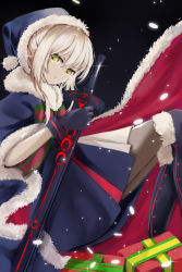 Rule 34 | 1girl, artoria pendragon (all), artoria pendragon (fate), bad id, bad pixiv id, blonde hair, blue footwear, blue gloves, blue hat, blue santa costume, boots, bow, box, brown thighhighs, cape, excalibur morgan (fate), fate/grand order, fate (series), gift, gift box, gloves, hair bow, hat, highres, holding, holding sword, holding weapon, looking at viewer, pantyhose, saber (fate), saber alter, santa alter, santa costume, santa hat, short hair with long locks, sidelocks, solo, sword, thigh boots, thighhighs, weapon, yellow eyes, z z
