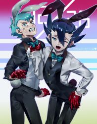 Rule 34 | 2boys, ;d, alternate costume, anger vein, angry, archer (pokemon), black hair, black jacket, black pants, black vest, bow, bowtie, buttons, clenched teeth, commentary request, creatures (company), fang, game freak, gloves, green bow, green bowtie, green eyes, green hair, grimsley (pokemon), gyakumushi, hair between eyes, jacket, male focus, multiple boys, nintendo, one eye closed, open mouth, pants, pokemon, pokemon bw, pokemon hgss, red gloves, shirt, short hair, smile, spiked hair, teeth, tongue, vest, white shirt