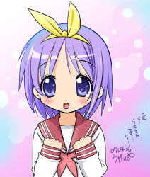 Rule 34 | 00s, 1girl, :d, blue eyes, blue hair, bow, clenched hands, hair bow, hairband, hiiragi tsukasa, looking at viewer, lucky star, matching hair/eyes, neckerchief, open mouth, pink hair, school uniform, serafuku, short hair, smile, solo, text focus, ugeppa, upper body