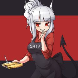 1girl, absurdres, apron, black apron, contrapposto, cowboy shot, demon girl, demon horns, demon tail, food, fork, grin, hand to own mouth, helltaker, highres, holding, holding food, holding plate, horns, klaius, long sleeves, looking at viewer, lucifer (helltaker), mole, mole under eye, pancake, plate, popped collar, red eyes, red shirt, ringed eyes, shirt, smile, solo, standing, tail, white hair