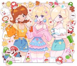 Rule 34 | 1-up mushroom, 3girls, artist name, blonde hair, blooper (mario), blue eyes, boo (mario), bowser jr., character sticker, cheep cheep, coin, crop top, crown, double cherry, earrings, fire flower, flower, flower earrings, gold coin, goomba, hair ornament, hair over one eye, highres, jacket, jewelry, long hair, looking at viewer, luigi, mario, mario (series), mcdonald&#039;s, medium hair, meowwniz, multiple girls, nintendo, one eye closed, open clothes, open jacket, open mouth, piranha plant, princess daisy, princess peach, red shell (mario), rosalina, shorts, shy guy, sleeveless, star (sky), star (symbol), star earrings, sticker, super bell, super leaf, super mario galaxy, super mushroom, super star (mario), the legend of zelda, toad (mario), toadette, triforce, upper body, warp pipe, yoshi
