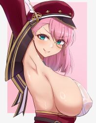 Rule 34 | 1girl, absurdres, armpits, breasts, charlotte (genshin impact), genshin impact, green eyes, hat, highres, large breasts, looking at viewer, mistynight, monocle, covered erect nipples, pink hair, short hair, showing armpits, simple background, smile, wet, wet clothes, white background