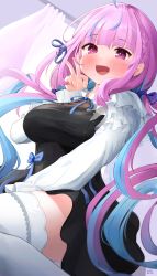 Rule 34 | 1girl, :d, absurdres, ahoge, alternate costume, black dress, blue hair, blue ribbon, blunt bangs, blush, braid, breasts, daran9, dress, french braid, hair ribbon, highres, hololive, large breasts, long hair, long sleeves, looking at viewer, minato aqua, multicolored hair, neck ribbon, open mouth, purple eyes, purple hair, ribbon, short dress, sidelocks, smile, solo, streaked hair, thighhighs, twintails, two-tone hair, v, virtual youtuber, white thighhighs