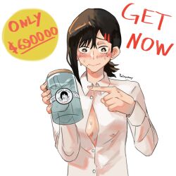 Rule 34 | 1girl, absurdres, artist name, black eyes, black hair, blush, breasts, chainsaw man, cleavage, collared shirt, commentary, english commentary, hair ornament, hairclip, higashiyama kobeni, highres, holding, holding jar, jar, mole, mole under eye, mole under mouth, multiple moles, partially unbuttoned, pastepiphany, pointing, ponytail, shirt, signature, small breasts, solo, sweat, upper body