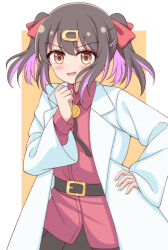 Rule 34 | 1girl, belt, black belt, blush, border, brown eyes, brown hair, coat, collared shirt, colored inner hair, commentary, cowboy shot, hair ornament, hair ribbon, hairclip, hand on own hip, hand up, highres, keima (mfng4224), lab coat, long sleeves, looking at viewer, medium hair, multicolored hair, onii-chan wa oshimai!, open clothes, open coat, open mouth, outside border, oyama mihari, pink hair, red ribbon, red shirt, ribbon, shirt, short twintails, sidelocks, simple background, smile, solo, standing, twintails, two-tone hair, white border, white coat, yellow background