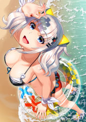 Rule 34 | 1girl, adapted costume, ass, bare shoulders, beach, bikini, blue eyes, blunt bangs, breasts, cleavage, collarbone, frilled bikini, frills, from above, halterneck, highres, innertube, kaguya luna, large breasts, long hair, looking at viewer, looking up, multicolored nails, nail polish, open mouth, sandals, silver hair, smile, solo, standing, sugaishi, swim ring, swimsuit, the moon studio, thighs, twintails, virtual youtuber, wading, water