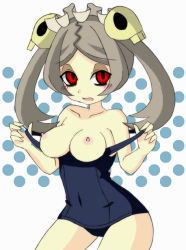 Rule 34 | 1girl, alternate breast size, bags under eyes, bloody marie (skullgirls), blue one-piece swimsuit, blush, breasts, breasts out, cowboy shot, grey hair, hair ornament, maid headdress, misaki naoe, nipples, one-piece swimsuit, parted bangs, perky breasts, polka dot, polka dot background, red eyes, school swimsuit, skull, skull-shaped pupils, skull hair ornament, skullgirls, solo, strap pull, swimsuit, symbol-shaped pupils, twintails