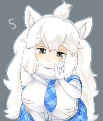 Rule 34 | 1girl, animal ear fluff, animal ears, blue necktie, blue skirt, blush, breasts, commentary request, cowboy shot, elbow gloves, gloves, grey background, grey eyes, hand up, highres, kemono friends, large breasts, leaning forward, lets0020, lion ears, lion girl, long hair, looking at viewer, medium bangs, necktie, open mouth, plaid, plaid necktie, plaid skirt, shirt, simple background, skirt, solo, white gloves, white hair, white lion (kemono friends), white shirt