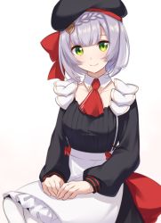 Rule 34 | 1girl, apron, black dress, black hat, bow, braid, closed mouth, collarbone, commentary request, detached collar, dress, employee uniform, fast food uniform, genshin impact, green eyes, grey hair, hair between eyes, hair bow, hat, kfc, long sleeves, looking at viewer, necktie, nemu mohu, noelle (genshin impact), noelle (kfc) (genshin impact), official alternate costume, red bow, red necktie, short hair, simple background, smile, solo, uniform, waist apron, white apron, white background