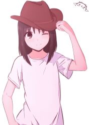 Rule 34 | 1girl, absurdres, artist logo, artist name, azumanga daiou, brown eyes, brown hair, brown hat, casual, closed mouth, commentary, cowboy hat, english commentary, hand on headwear, hand on own hip, hand up, hat, hat tip, highres, kasuga ayumu, kurumimi birb, looking at viewer, medium hair, one eye closed, shirt, short sleeves, signature, simple background, smile, solo, standing, t-shirt, upper body, white background, white shirt