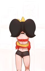 Rule 34 | 1girl, ashley (warioware), ass, back, black hair, choker, cowboy shot, dimples of venus, from behind, hair ornament, liveactors, long hair, nintendo, shorts, shoulder blades, solo, standing, strapless, tube top, twintails, undressing, warioware