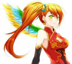 Rule 34 | 1girl, bad id, bad pixiv id, bare shoulders, china dress, chinese clothes, chisa, cleavage cutout, clothing cutout, dress, earrings, green eyes, jewelry, leilan (p&amp;d), leiran (p&amp;d), orange hair, puzzle &amp; dragons, side ponytail, smile, solo, wings