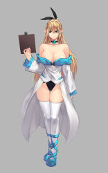 Rule 34 | 1girl, bare shoulders, blonde hair, blue eyes, breasts, choker, cleavage, clipboard, commentary, elf, fingernails, full body, grey background, highres, large breasts, lipe-san, long hair, nail, original, pointy ears, simple background, solo, thigh gap, thighhighs, white thighhighs