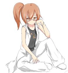 Rule 34 | 10s, 1girl, alternate costume, alternate hairstyle, bare shoulders, bracelet, brown hair, character name, clothes writing, coat, collarbone, crescent, crescent moon, full body, glasses, hand on own face, jewelry, kantai collection, kotowa ruko, matching hair/eyes, mochizuki (kancolle), moon, necklace, orange eyes, orange hair, pants, ponytail, red-framed eyewear, semi-rimless eyewear, shoes, side ponytail, simple background, sitting, solo, tank top, torn clothes, torn sleeves, under-rim eyewear, white background, white footwear, white pants