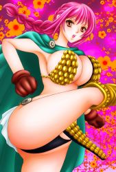 Rule 34 | 1girl, armor, black panties, braid, breasts, cape, dressrosa, gloves, highres, large breasts, long hair, mariel-nymphaea-f, one piece, panties, pink hair, rebecca (one piece), red eyes, solo, thighs, underwear