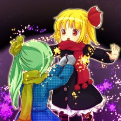 Rule 34 | 2girls, :o, blonde hair, coat, daiyousei, embodiment of scarlet devil, female focus, green hair, hair ribbon, multiple girls, outstretched arms, red eyes, ribbon, rumia, scarf, short hair, spread arms, tona (nekotte), touhou