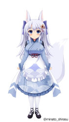 Rule 34 | 1girl, absurdres, anchor hair ornament, animal ear fluff, animal ears, blue eyes, breasts, character request, fox ears, fox girl, fox tail, full body, grey hair, hair ornament, highres, kon&#039;iro (chilno-loto), long hair, maid, original, simple background, smile, solo, standing, tail, thighhighs, twitter username, wa maid, white background, white thighhighs