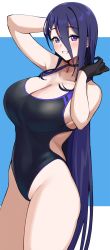 Rule 34 | 1girl, arms up, back cutout, black gloves, breasts, choker, cleavage, clothing cutout, competition swimsuit, gloves, highleg, highleg swimsuit, highres, large breasts, legs together, looking at viewer, one-piece swimsuit, original, purple eyes, purple hair, side cutout, smile, solo, sukebewe, swimsuit, thighs