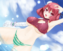 Rule 34 | 1girl, bandaged arm, bandages, blush, breasts, cleavage, cleavage cutout, clothing cutout, cloud, day, double bun, hair bun, ibaraki kasen, large breasts, marl35, midriff, navel, open mouth, panties, partially submerged, red hair, sky, solo, standing, touhou, underboob, underwear, wading, water