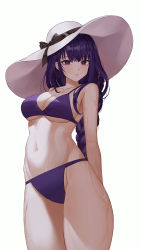 Rule 34 | 1girl, absurdres, bare arms, bare shoulders, bikini, black bow, bow, breasts, cleavage, commentary request, cowboy shot, genshin impact, hat, hat bow, hee (user ykux4248), highres, large breasts, long hair, looking at viewer, navel, purple bikini, purple eyes, purple hair, raiden shogun, simple background, solo, standing, stomach, sun hat, sweat, swimsuit, thighs, white background, white hat