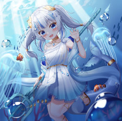 Rule 34 | 1girl, absurdres, air bubble, apple mango, bracelet, bubble, choker, claw pose, clownfish, collarbone, commentary, detached sleeves, dress, eyes visible through hair, fish, gawr gura, gawr gura (party dress), highres, holding, holding polearm, holding weapon, hololive, hololive english, jellyfish, jewelry, long hair, looking at viewer, multicolored hair, necklace, ocean, polearm, sharp teeth, short sleeves, sidelocks, solo, standing, standing on one leg, streaked hair, sunlight, teeth, trident, twintails, two-tone hair, underwater, virtual youtuber, weapon, white dress