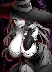 Rule 34 | 1girl, breasts, cleavage, collarbone, commission, detached sleeves, dragon&#039;s crown, dress, ebiblue, gesugao, greyscale, hand in own hair, hand on own thigh, hat, huge breasts, leaning forward, long hair, monochrome, red eyes, signature, skeb commission, solo, sorceress (dragon&#039;s crown), spot color, twitter username, witch, witch hat