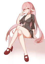 Rule 34 | 1girl, absurdres, arm at side, arm support, arm up, artist name, black skirt, breasts, cleavage, cup, dated, drinking glass, full body, highres, holding, holding cup, holding drinking glass, crossed legs, long hair, looking at viewer, looking down, medium breasts, neckerchief, original, pink eyes, pink hair, pleated skirt, pointy ears, red footwear, shoes, sitting, skirt, sleeves rolled up, smile, solo, very long hair, yurix