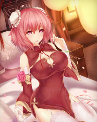 Rule 34 | 1girl, bandaged arm, bandages, breasts, bun cover, china dress, chinese clothes, cleavage, double bun, dress, elbow gloves, floral print, flower, garter straps, gloves, hair bun, highres, ibaraki kasen, indoors, large breasts, light smile, looking at viewer, on bed, oxfirecar, petals, pink eyes, pink flower, pink hair, pink rose, rose, seiza, sitting, solo, thighhighs, touhou, white gloves, white thighhighs