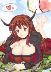 Rule 34 | 10s, 1girl, barefoot, breasts, brown hair, cleavage, giant, giantess, heart, highres, horns, huge giantess, large breasts, long hair, looking at viewer, lying, maou (maoyuu), maoyuu maou yuusha, nipples, on stomach, red eyes, smile, solo