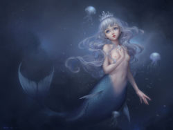 Rule 34 | 1girl, artist name, bain-henpen, blue eyes, breasts, completely nude, conch, dated, full body, highres, jellyfish, long hair, mermaid, monster girl, navel, nipples, nude, original, signature, silver hair, small breasts, solo, tiara, underwater