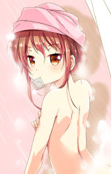 Rule 34 | 1girl, back, blush, brown eyes, brown hair, cafe-chan to break time, cafe (cafe-chan to break time), condom, condom in mouth, condom wrapper, from behind, hair up, highres, looking at viewer, looking back, mouth hold, nude, original, porurin (do-desho), showering, solo, steam, towel, towel on head, upper body, water