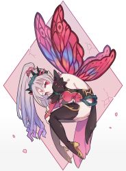 Rule 34 | 1girl, backless leotard, boots, breasts, bridal gauntlets, butterfly wings, curled up, elbow gloves, facial mark, fairy wings, fire emblem, fire emblem heroes, forehead mark, gloves, gold trim, grey hair, haconeri, hair tie, head down, highres, insect wings, leotard, long hair, looking at viewer, medium breasts, multicolored hair, multicolored wings, nintendo, plant hair, plumeria (fire emblem), pointy ears, ponytail, purple hair, red eyes, red gloves, red leotard, sideboob, solo, thigh boots, thighs, wings
