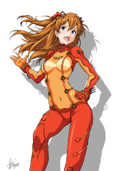 Rule 34 | 1girl, absurdres, alternate breast size, artist name, blue eyes, blush, bodysuit, braid, breast press, breasts, brown hair, covered navel, curvy, evangelion: 2.0 you can (not) advance, floating hair, hair ornament, hand on own face, hand on own hip, highres, interface headset, lips, long hair, looking at viewer, medium breasts, neon genesis evangelion, open mouth, plugsuit, rebuild of evangelion, red bodysuit, see-through, see-through bodysuit, shiny clothes, skin tight, solo, souryuu asuka langley, test plugsuit, two side up, very long hair, wide hips