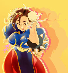 Rule 34 | black eyes, blue dress, bracelet, breasts, brown hair, capcom, chinese clothes, chun-li, dress, earrings, eyebrows, eyelashes, fighting game, hardkoba, high collar, highres, jewelry, large breasts, leaning forward, looking at viewer, odango hair, one eye closed, pantyhose, qipao dress, ribbon, shiny clothes, smile, street fighter, wink