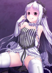 Rule 34 | 1girl, bare shoulders, black bow, black hair, blush, bow, braid, breasts, buttons, colored inner hair, commentary, detached sleeves, dress, fate/strange fake, fate (series), francesca prelati (fate), grey dress, grey eyes, grey hair, hair bow, hairband, heart, highres, licking lips, long hair, looking at viewer, multicolored hair, okina (805197), parted bangs, sidelocks, small breasts, smile, solo, striped clothes, striped dress, tentacles, thighhighs, thighs, tongue, tongue out, twin braids, two-tone dress, vertical-striped clothes, vertical-striped dress, white dress, white hair, white thighhighs